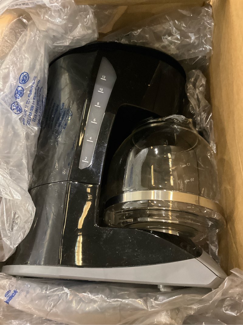 Condition photo showing As Is for Mr. Coffee Black Coffee Maker, 12 Cups, with Auto Pause and Glass Carafe, Perfect for Home and Office Use