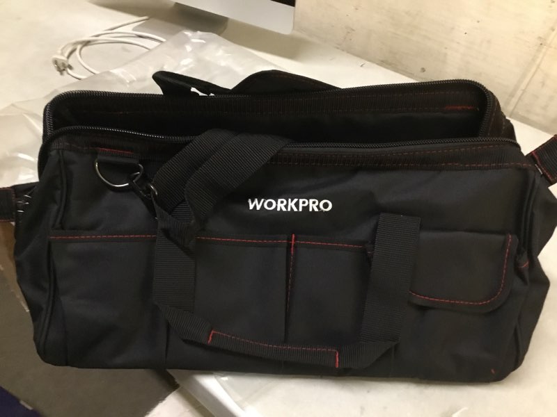 Condition photo showing New/Like New for ( black color ) workpro 18-inch close top wide mouth storage tool bag with adjustable shoulder strap, sturdy bottom
