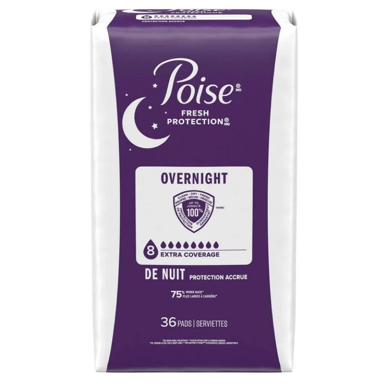 Poise Overnight Incontinence & Postpartum Pads for Bladder Leaks, 8 Drop Extra Coverage, 36 Count