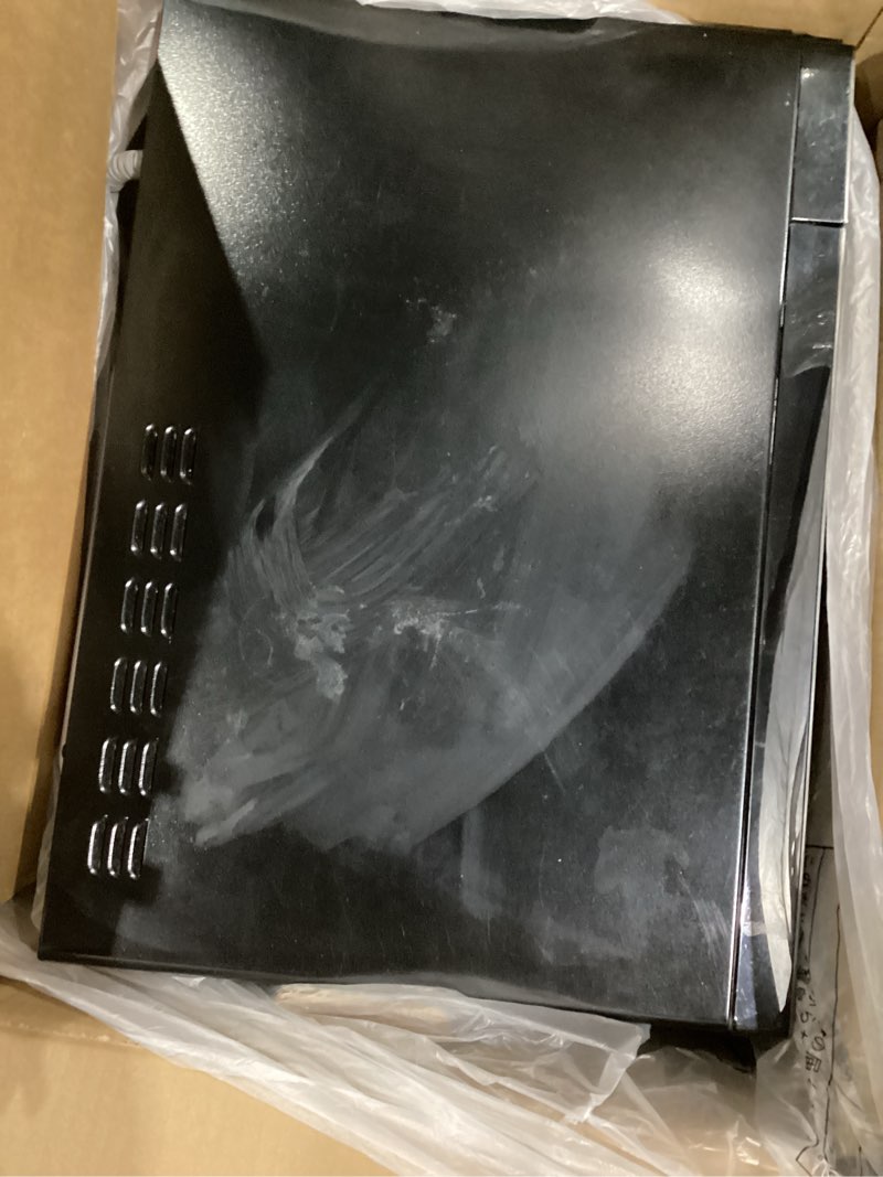 Condition photo showing As Is for toshiba em131a5c-bs countertop microwave ovens 1.2 cu ft, 12.4" removable turntable smart humidity sensor 12 auto menus mute function eco mode easy clean interior black color 1000w 1.2 cu.ft