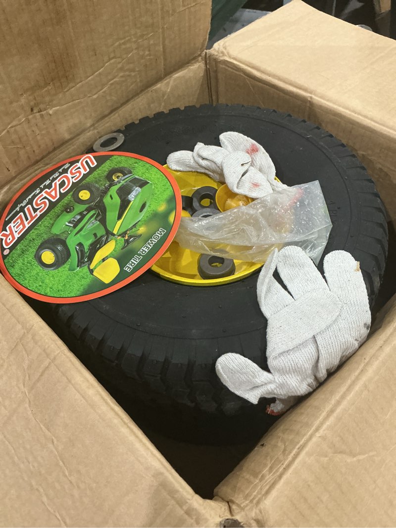 Condition photo showing As Is for 15x6.00-6nhs lawn mower tires (2 pack),replacement riding lawn mower front tires - with 3" centered hub and 3/4" bushings,extra 5/8" bushings(yellow) 15x6.00-6 ( pneumatic,centered hub,bushings) yellow