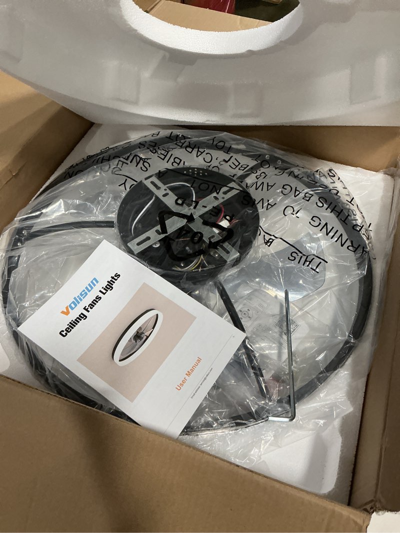 Condition photo showing New/Like New for VOLISUN Low Profile Ceiling Fans with Lights and Remote, Fandelier Ceiling Fan Flush Mount, 3000K-6500K Smart Bladeless LED Fan Light, Black Modern Ceiling Fans with Lights for Bedroom Black 19.7 INCH
