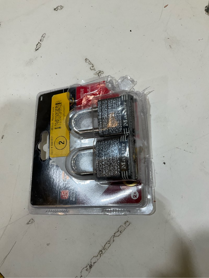 Condition photo showing As Is for master lock 1.5625 in. h x 1-9/16 in. w x 1-1/2 in. l steel 4-pin cylinder weather-resistant padlock