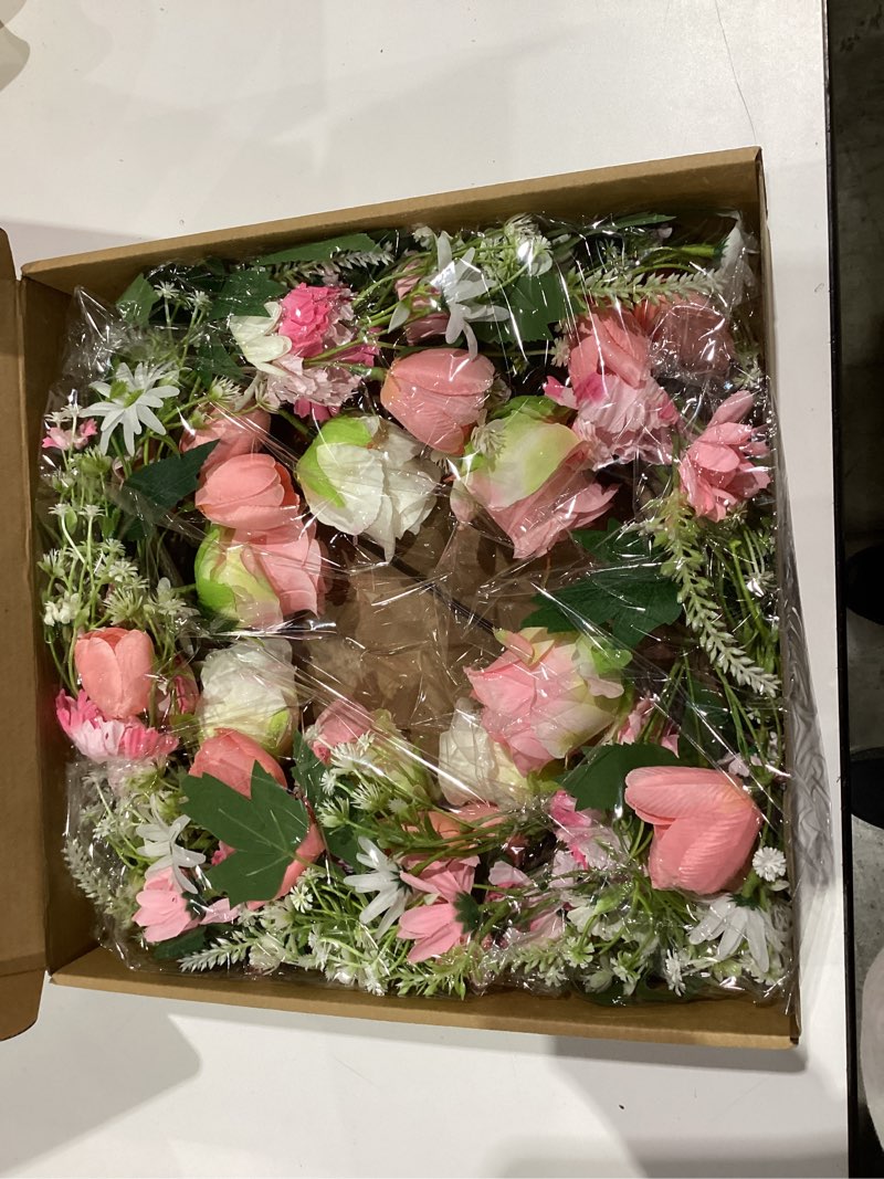 Condition photo showing New/Like New for Spring Door Wreath for Front Door with Hook 20-22”, Artificial Spring Door Wreath with White & Pink Peony Lavender Rabbit Wood Sign, Summer Wreaths for Windows Wall Romantic Home Déco