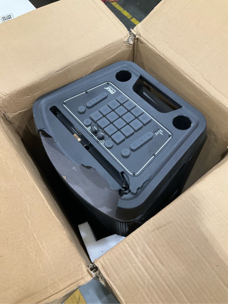 Condition photo showing As Is for Pyle 12’’ Portable PA Speaker - 600 Watts High-Powered Wireless Speaker System with Dual Subwoofers, Flashing Flame LED Lights, Built-in Rechargeable Battery, AUX/MP3/USB/FM Radio Deep Black