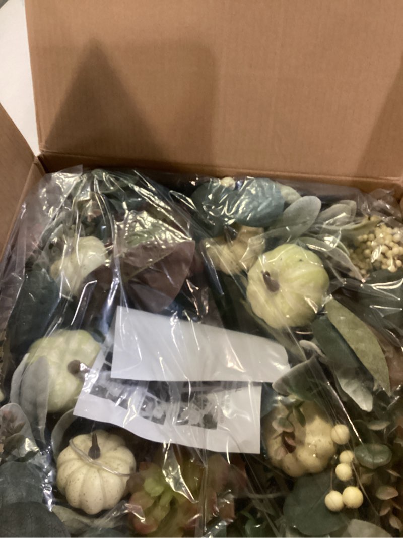 Condition photo showing New/Like New for Valery Madelyn Fall Wreath with Light for Front Door, 18'' Eucalyptus Autumn Door Wreath with White Pumpkins & Succulent Plant, Outdoor Fall Harvest Decorations for Home Porch Thanksgiving Table Decor 18 Inch