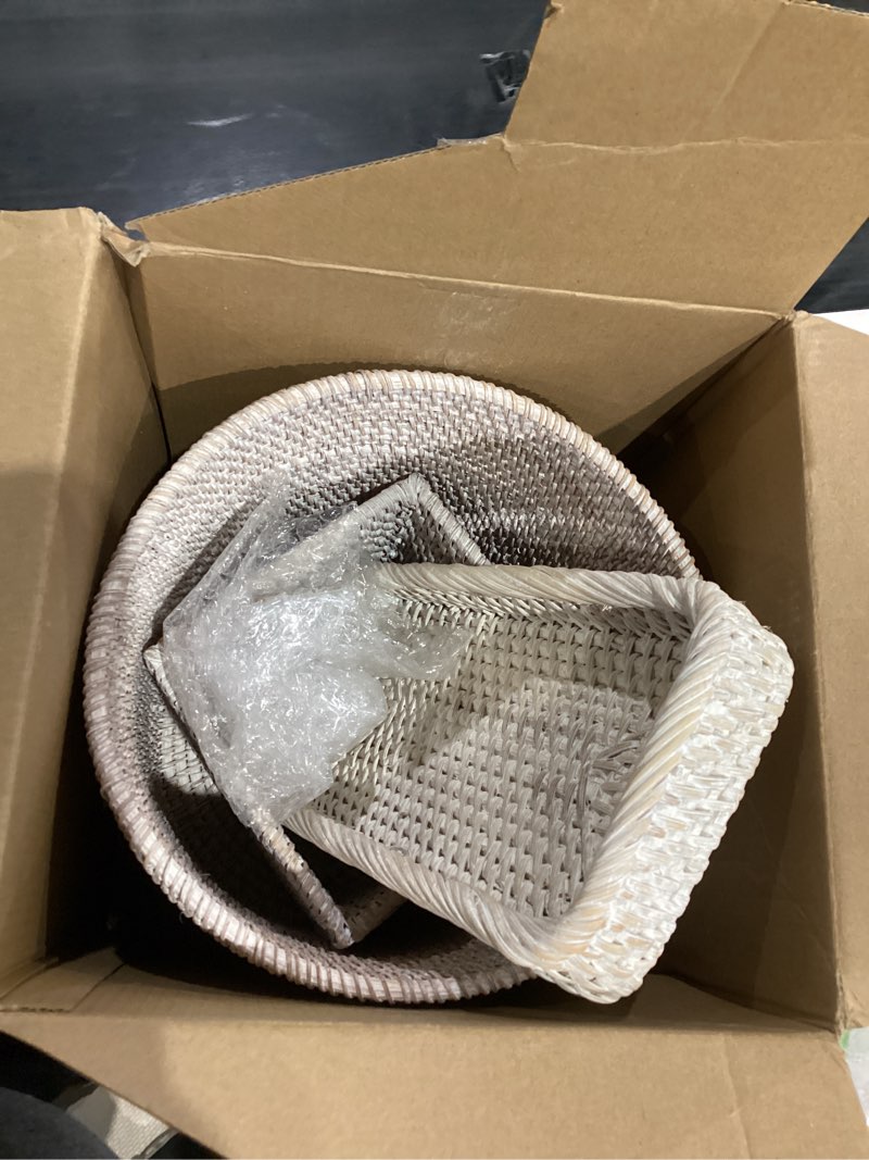 Condition photo showing Good Condition for teenyyou 3 pcs rattan bathroom accessories set wicker handwoven trash can basket waste paper basket square tissue box holder toilet vanity tray for kitchen office organizer decorative(white)