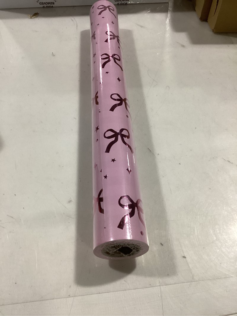 Condition photo showing New/Like New for Pink Bow Gift Wrapping Paper Roll Gold Foil Coquette Bow Gift Wrap 17 x 118 Inch Pink Striped Wrapping Paper for Girl Birthday Baby Shower Wedding Bachelorette Party Decor Supplies 17 x 118 inches Bow Pink