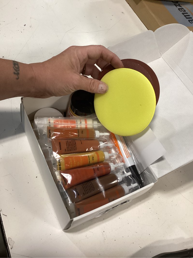 Condition photo showing New/Like New for realinn wood furniture repair kit- set of 28 - touch up markers, fillers with wood putty - repair scratch, cracks, hole, discoloration for wooden door, floor, table, cabinet