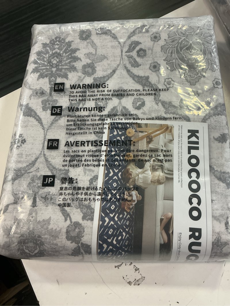 Condition photo showing New/Like New for kilococo 3x5 moroccan super soft area rug washable living room, grey vintage floral rug indoor non-slip, print faux wool accent indoor entryway rug for laundry playroom office 3' x 5' (rectangular) grey