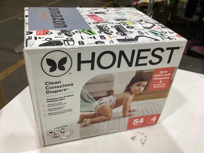 Condition photo showing New/Like New for the honest company comfort dry disposable diapers for sensitive skin, hypoallergenic, fragrance-free, space travel + big trucks, club box, size 4 (22-37 lbs), 54 count size 4 (54 count) space travel + big trucks