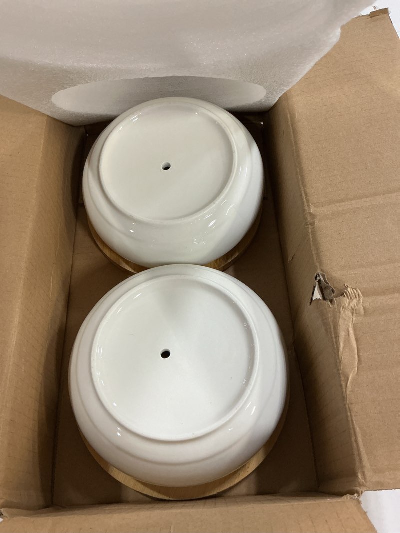 Condition photo showing As Is for ZOUTOG 2 Pack Succulent Pots, 6 inch Ceramic Planters for Indoor Plants with Bamboo Tray, Pots with Drainage, Seeds? Plants Not Included 2.3 Inch High 2 Pack