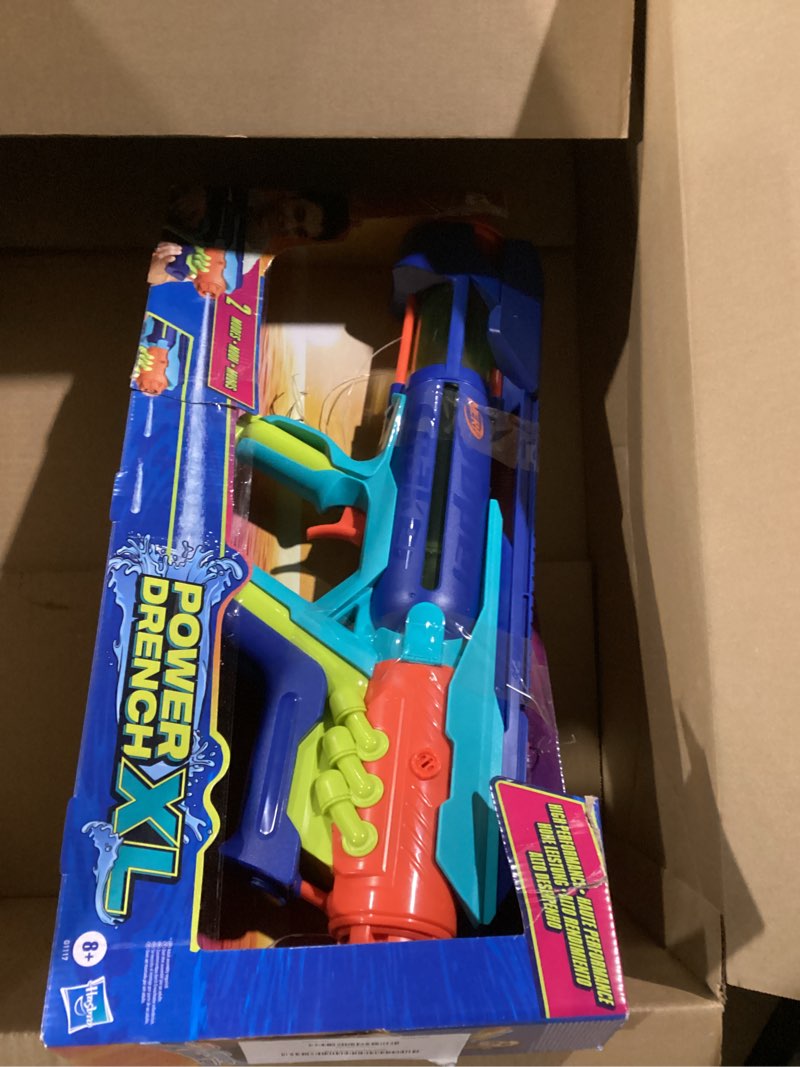 Condition photo showing As Is for nerf super soaker power drench xl water blaster, high performance pressurized blasting, easy fill station, water toys, ages 8+