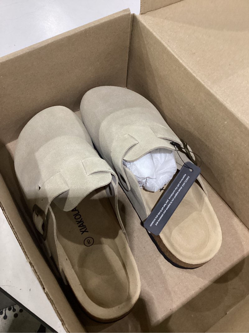 Condition photo showing Good Condition for xiakolaka women's slip on suede clogs with arch support | comfort cork footbed mules, non-slip potato shoes, adjustable buckle, suitable for casual daily wear & walking