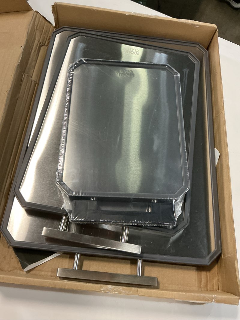 Condition photo showing Good Condition for EXTRA LARGE Cutting Board,Double Sided Stainless Steel Cutting Boards Set for kitchen,Stainless Steel/Wheat straw pp Cutting Board for meat,Dishwasher Safe [20 * 13.8+16 * 11+12 * 8.3 Inch]