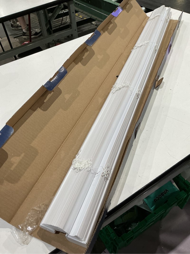 Condition photo showing As Is for levolor trim+go 1-in slat width 48-in x 72-in cordless white vinyl room darkening mini-blinds