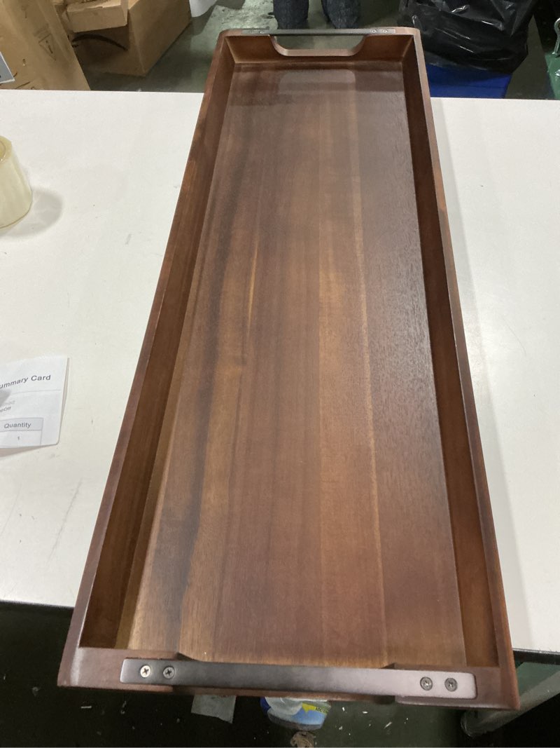 Condition photo showing Good Condition for Large Acacia Wood Serving Tray with Metal Handles - 36" Long Charcuterie Board for Cheese, Meat & Appetizers - Perfect for Kitchen, Entertaining, Gatherings & Home Decor Black Handle 02 36" x 12" x 2"