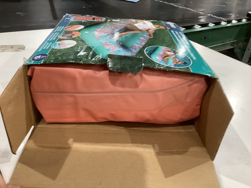 Condition photo showing As Is for aqua inflatable tanning pool lounger, premium pool float with cupholders and removeable pillow for relaxation and fun pink flower coral - 71" x 48”
