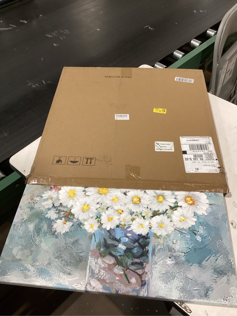 Condition photo showing Good Condition for floral canvas wall art white daisy in vase light blue background modern gallery prints pictures flowers textured wall decor ready to hang 24 x 24 inch daisy 23.6"l x 23.6"w