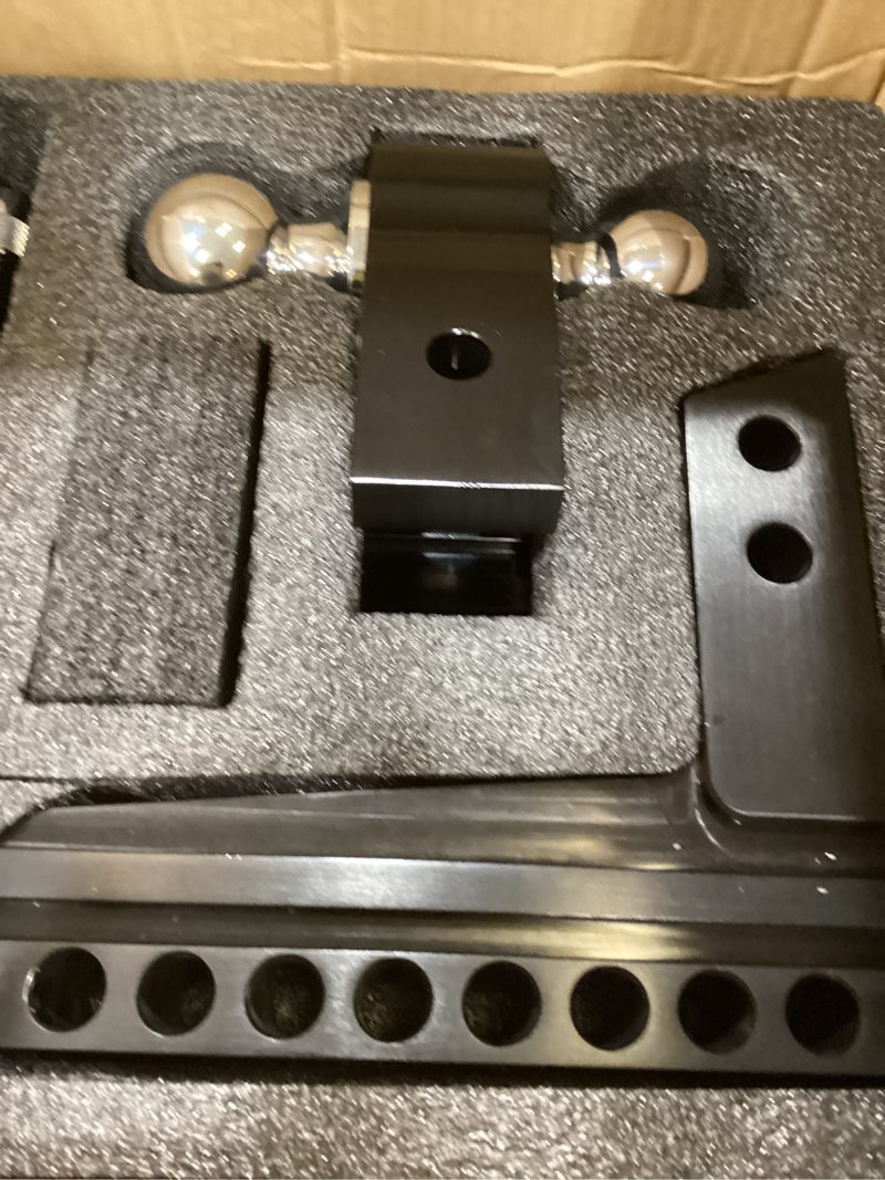 Condition photo showing New/Like New for cammoo adjustable trailer hitch, tow hitch with 2 inch receiver, 6 inch rise/drop hitch, 2" and 2-5/16" ball hitch, 20000 lbs gtw truck hitch with u-shaped alloy steel anti-theft pin, black