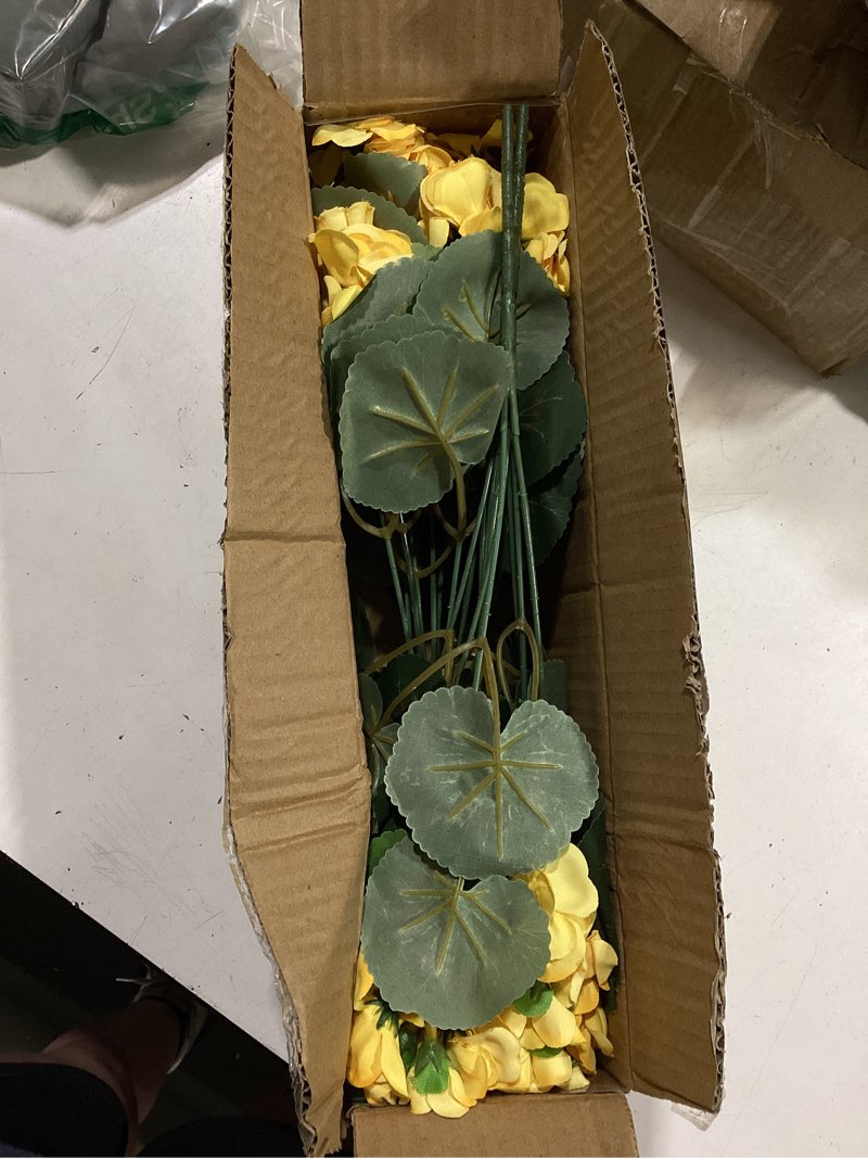 Condition photo showing Good Condition for turnmeon artificial geraniums flowers for outdoors summer decoration, 4 bundles fake flowers silk yellow flowers uv resistant no fade faux plants for planter gardens table porch indoor cemetery decor yellow 4