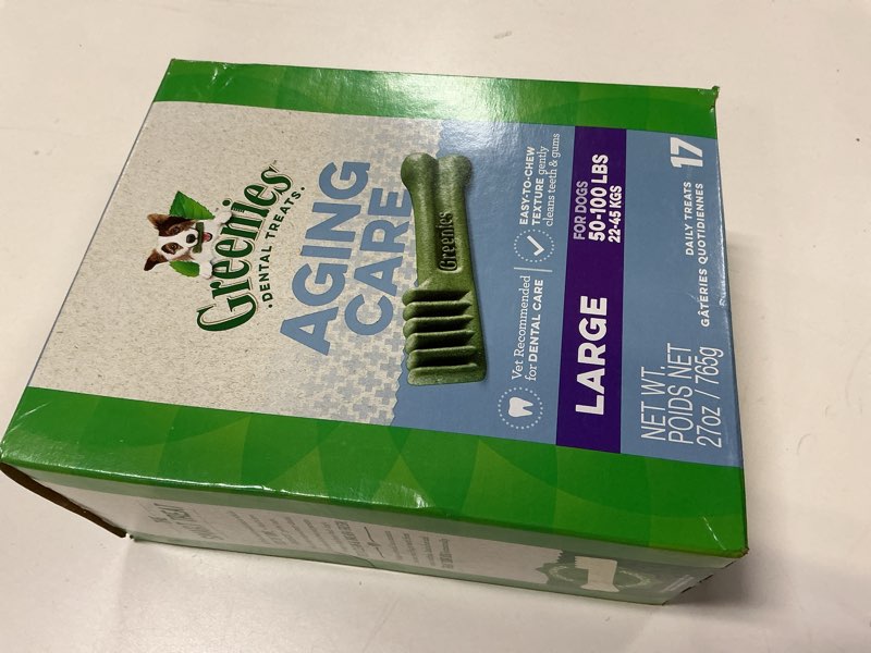 Condition photo showing New/Like New for  (BBD : 27/OCT /25 ) Greenies Dental Treats for Dogs, Veterinarian-Recommended Aging Care Adult Natural Dental Dog Treats, Large Size, 27 oz. Pack, 17 Count Aging Care 17 Count (Pack of 1)