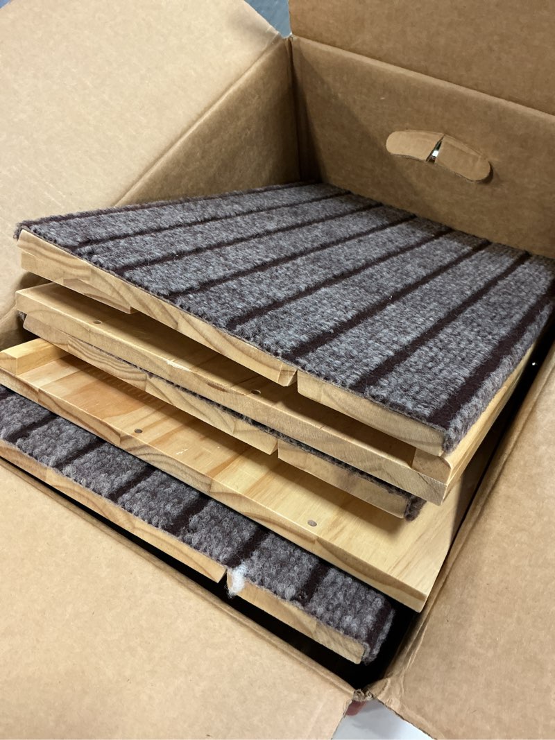 Condition photo showing As Is for 4-pack wooden dog ramp for stairs, anti-slip pet steps for small dogs with carpet surface, low-angled pet ramps for staircase, steps and stairs assist for injured & aged pets, stairs ramp for dogs brown (4-pack)