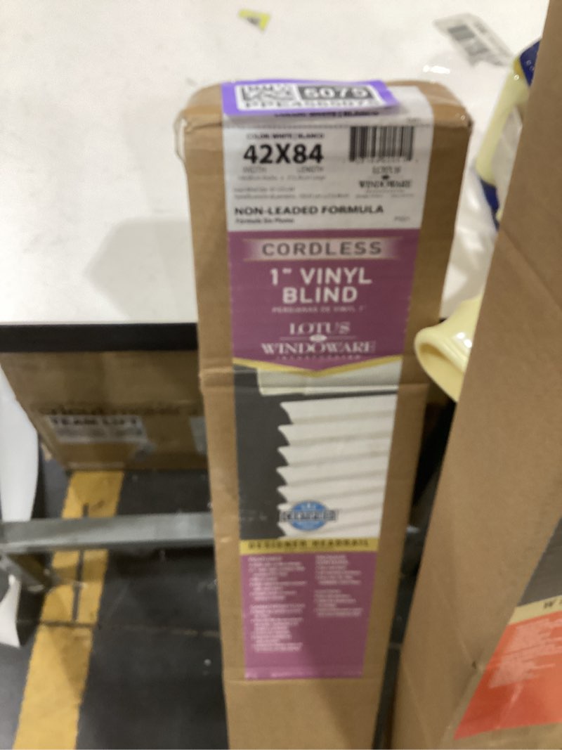 Condition photo showing item condition for LOTUS & WINDOWARE Cordless Mini Blind, 1" Vinyl Slats, 42" Wide x 84" Long - White, Window Blinds for Home and Office, Interior Door Blinds - Light Filtering 42"W x 84"H White