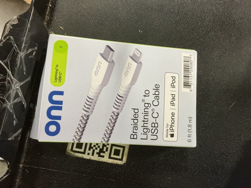 Condition photo showing As Is for onn 6ft lightning to usb-c braided charging cable, fast charging, mfi certified, white - compatible with iphone 14/13/12/11/x/xr/xs/8/7/6/5, ipad, airpods and more