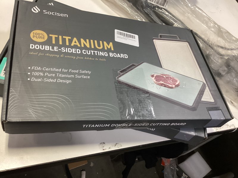 Condition photo showing New/Like New for Titanium Cutting Boards for Kitchen Non Toxic Chopping Board with Handle Large Big Small Kitchen Meat Butcher Block 2 in 1 Pure Titanium and Wheat Straw PP Not Wood Bamboo Plastic Teak Grey/Beige 1pc: 17.1"L × 10.8"W Grey/Beige