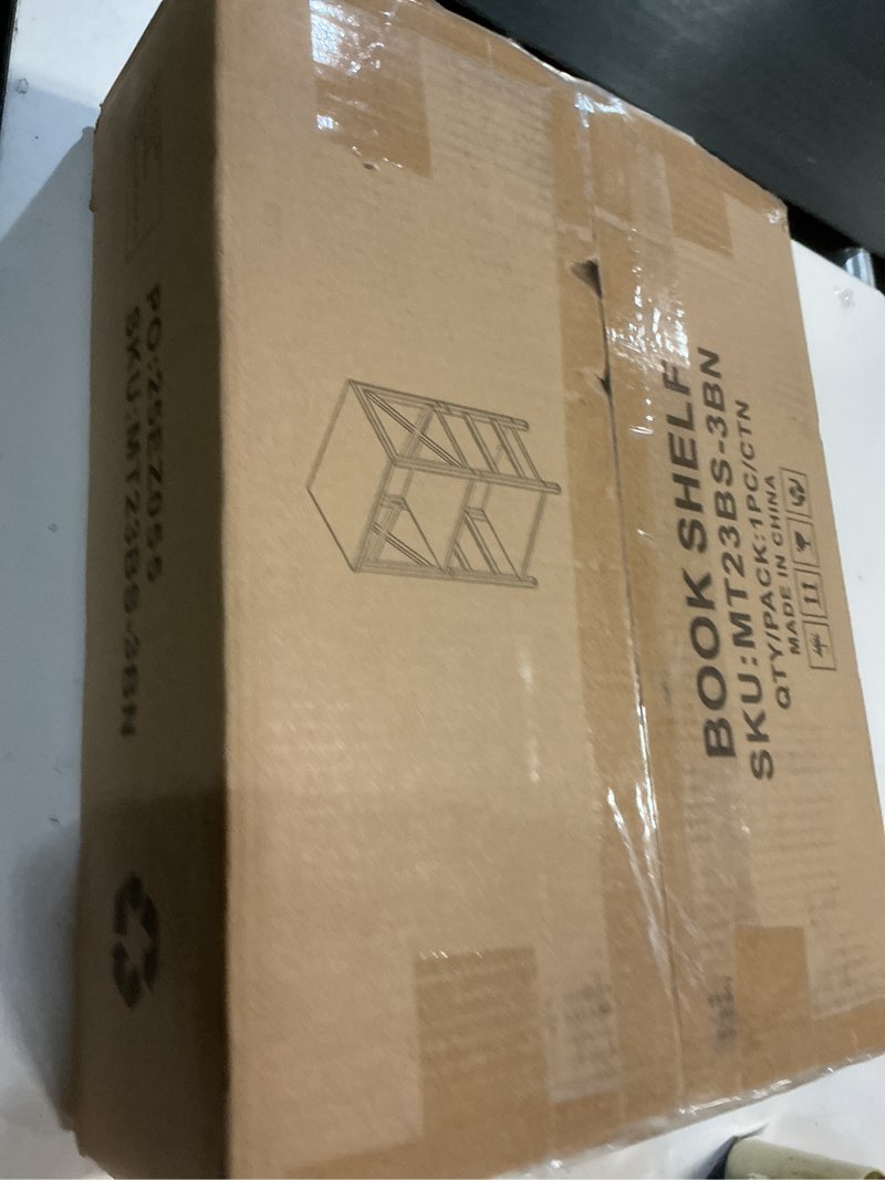 Condition photo showing New/Like New for small bookshelf,3 tier industrial bookcase with metal frame and backboard,low rustic brown book shelf,book case for small spaces,living room,bedroom and home office brown 3-tier (15.7"w x 11.8"d x 27.6"h)