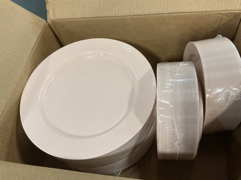 Condition photo showing Good Condition for Goodluck 200PCS Disposable Pink Plastic Plates, Heavy Duty Disposable with 100 10.25 inch and 100 7.5 inch Dessert Plates for Party, Wedding, Baby Shower, Valentines Pink 200PCS