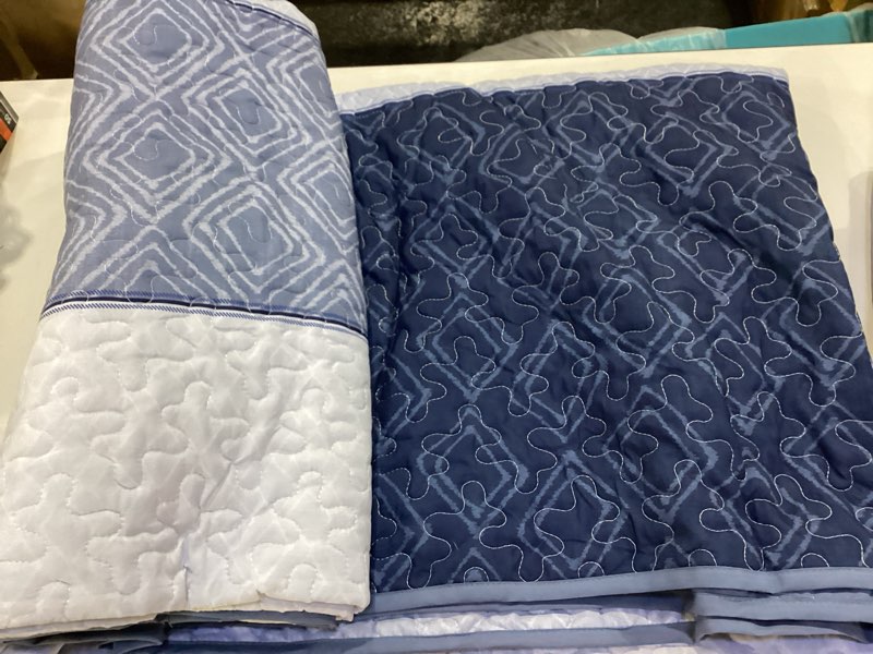 Condition photo showing As Is for Quilt Set Queen Size 3 Pieces,Striped Plaid Bedspread Coverlet Set,Mineral Blue Boho Summer Bedding Set Soft Microfiber Bedding Set with 2 Pillow Shams 96"x90" Queen Mineral Blue
