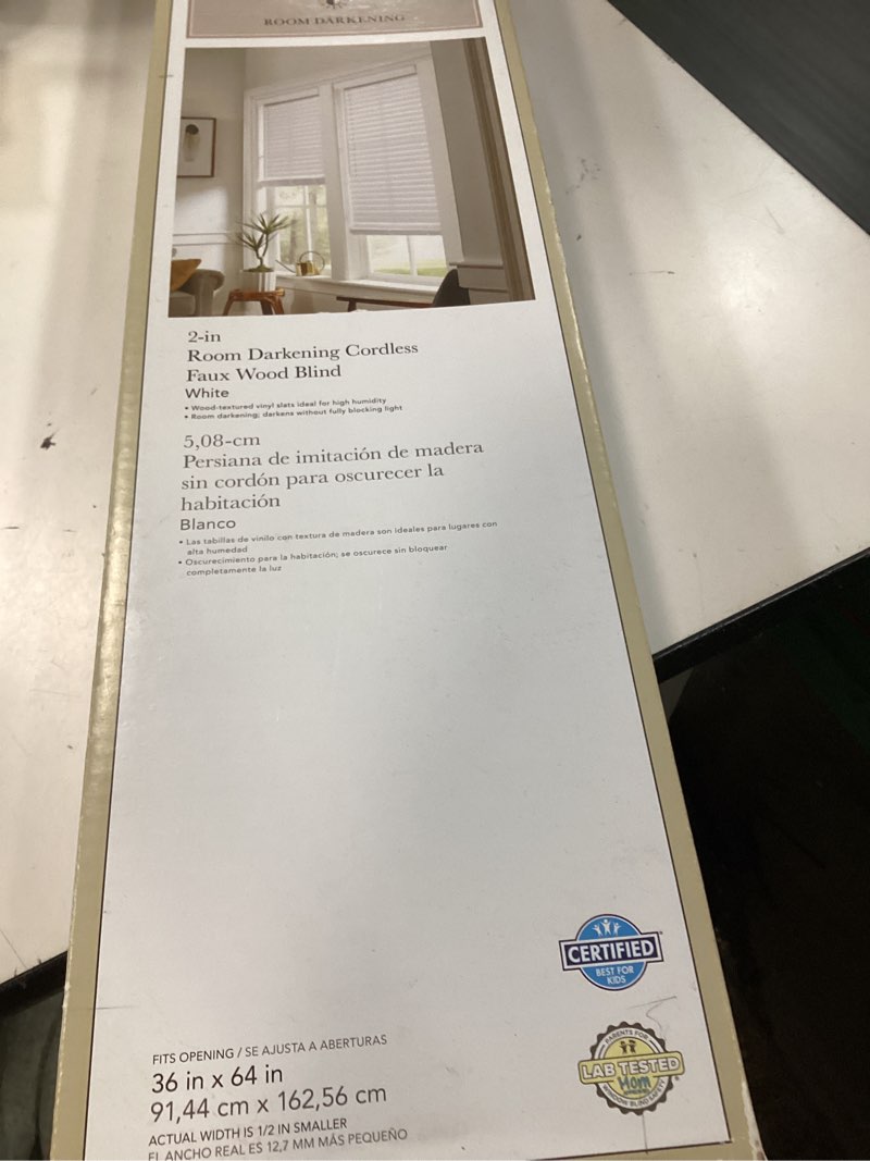 Condition photo showing Good Condition for allen + roth trim at home 2-in slat width 36-in x 64-in cordless white faux wood room darkening full-view standard horizontal blinds