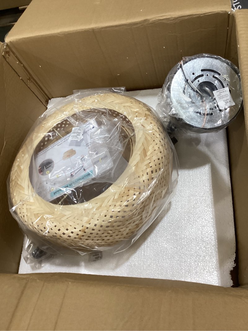 Condition photo showing Good Condition for adjustable arm bamboo pendant light fixture, boho swing arm basket weave hanging light, vintage round shape ceiling pendant light for kitchen island dining room (black) black, beige lampshade