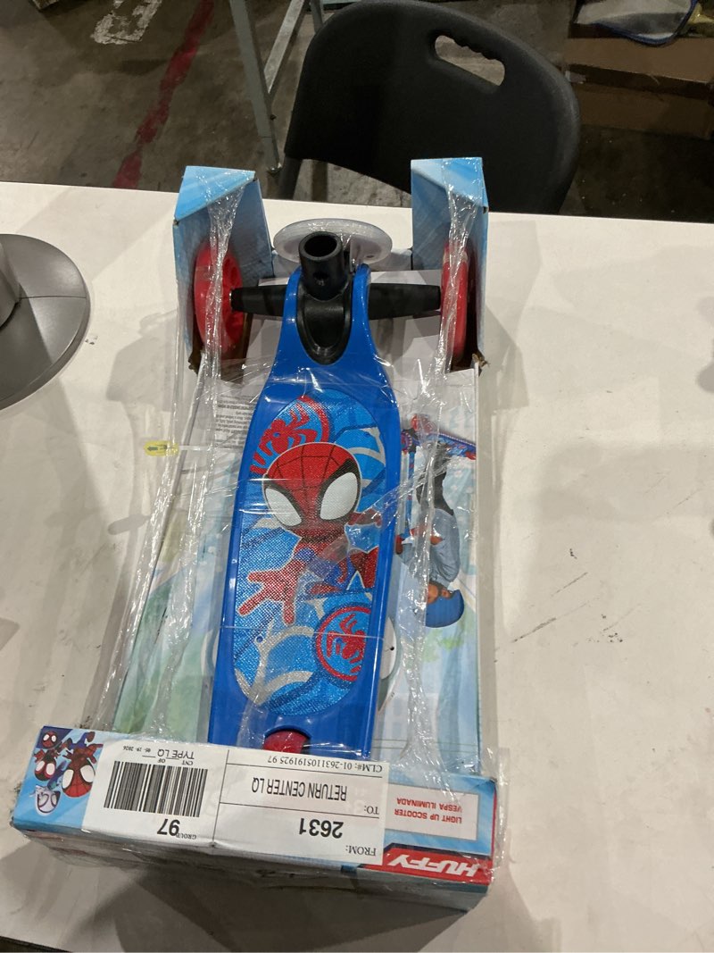 Condition photo showing As Is for missing pieces marvel spidey and his amazing friends 3-wheel lights and sounds kick scooter for boys, ages 3 years up, blue, by huffy