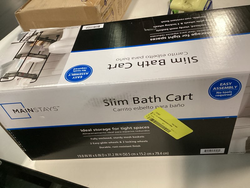 Condition photo showing Good Condition for mainstays slim 3-tier rolling bathroom storage cart with hooks, black