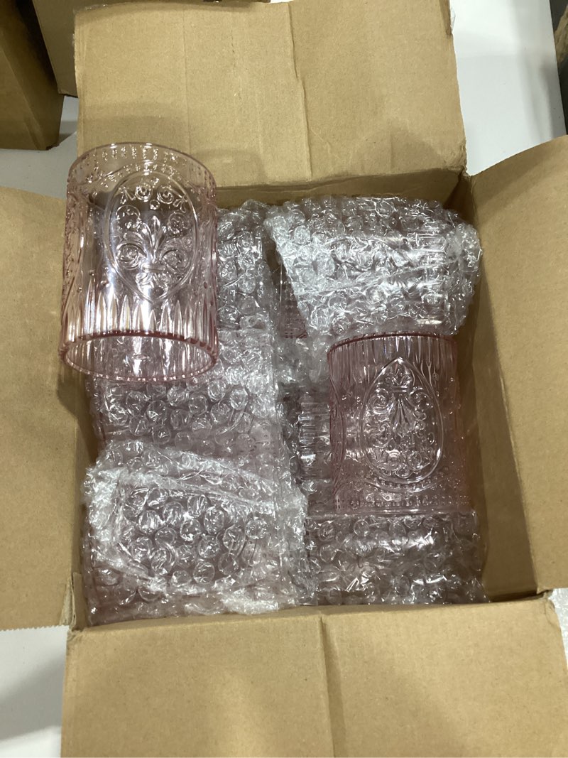 Condition photo showing Good Condition for qinyoung 12 plastic vintage drinking glasses 8.5oz stemless retro embossed wine glasses shatterproof reusable cups for baby shower wedding reception grand event party (pink) pink 12