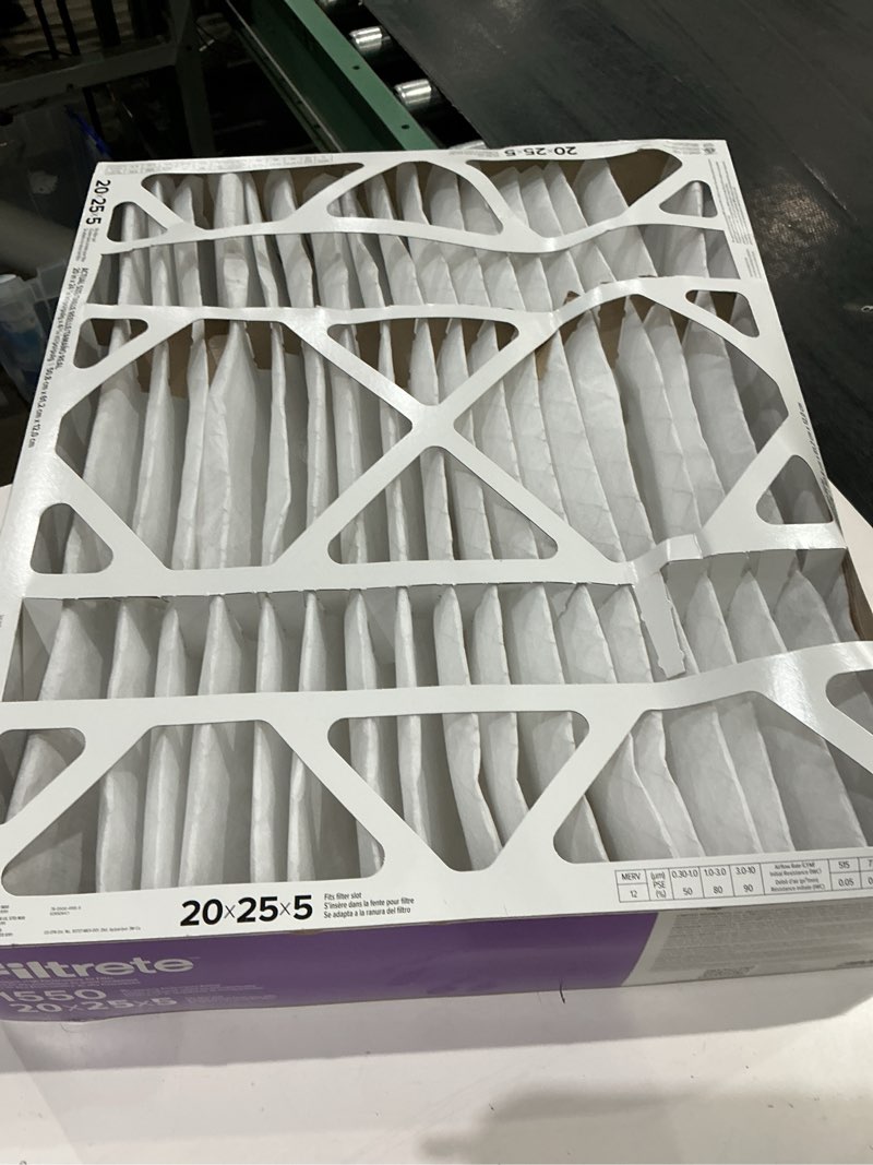 Condition photo showing As Is for filtrete 20 x 25 x 5 merv 12 1550 mpr allergen, bacteria and virus electrostatic pleated air filter