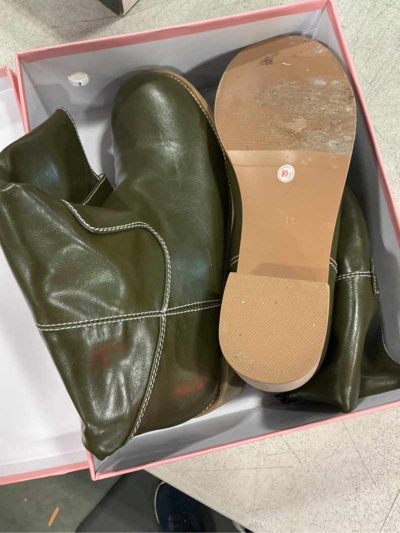 Condition photo showing As Is for women’s mid calf boots chunky block heel round toe boots comfortable low heel pull on campus casual boots 11 green