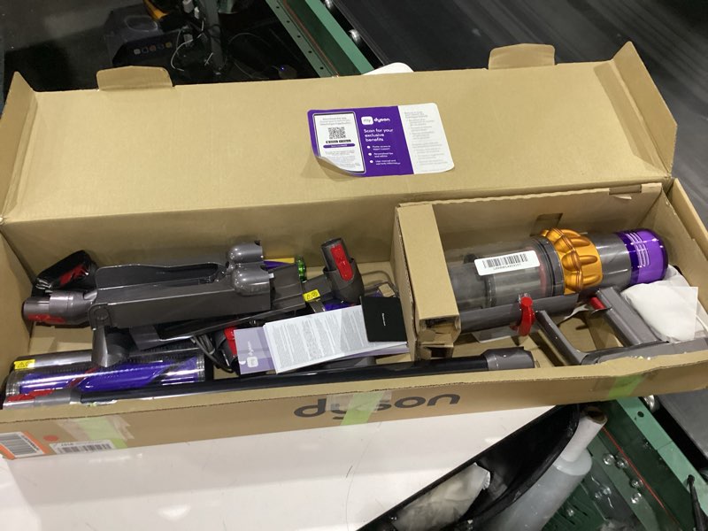 Condition photo showing As Is for dyson v15 detect plus cordless vacuum, illumination reveals dust, 240aw, 3 power modes, up to 60 minutes,² deep cleans hard floors and carpets, detangles pet hair, converts to handheld