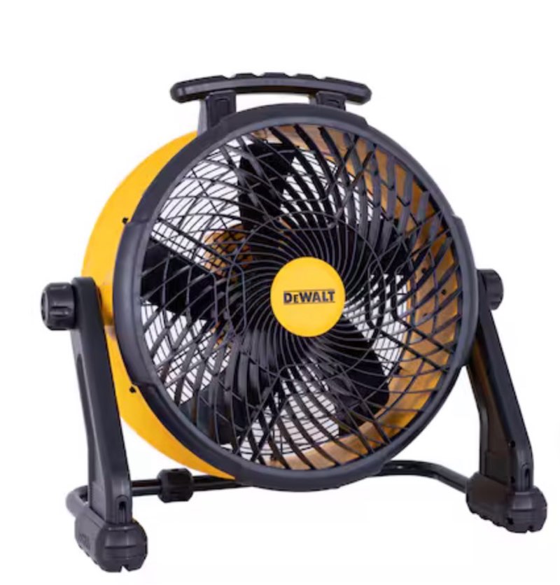 dewalt 18-in high velocity indoor/outdoor industrial fan, battery powered, in yellow