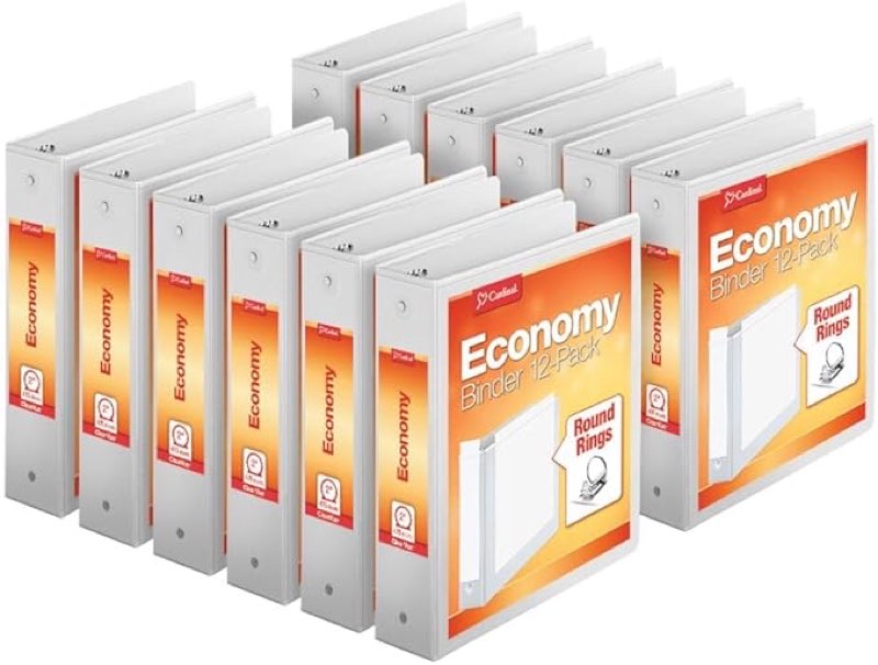 cardinal economy 3-ring binders, 2", round rings, holds 475 sheets, clearvue presentation view, non-stick, white, carton of 12 (90641)