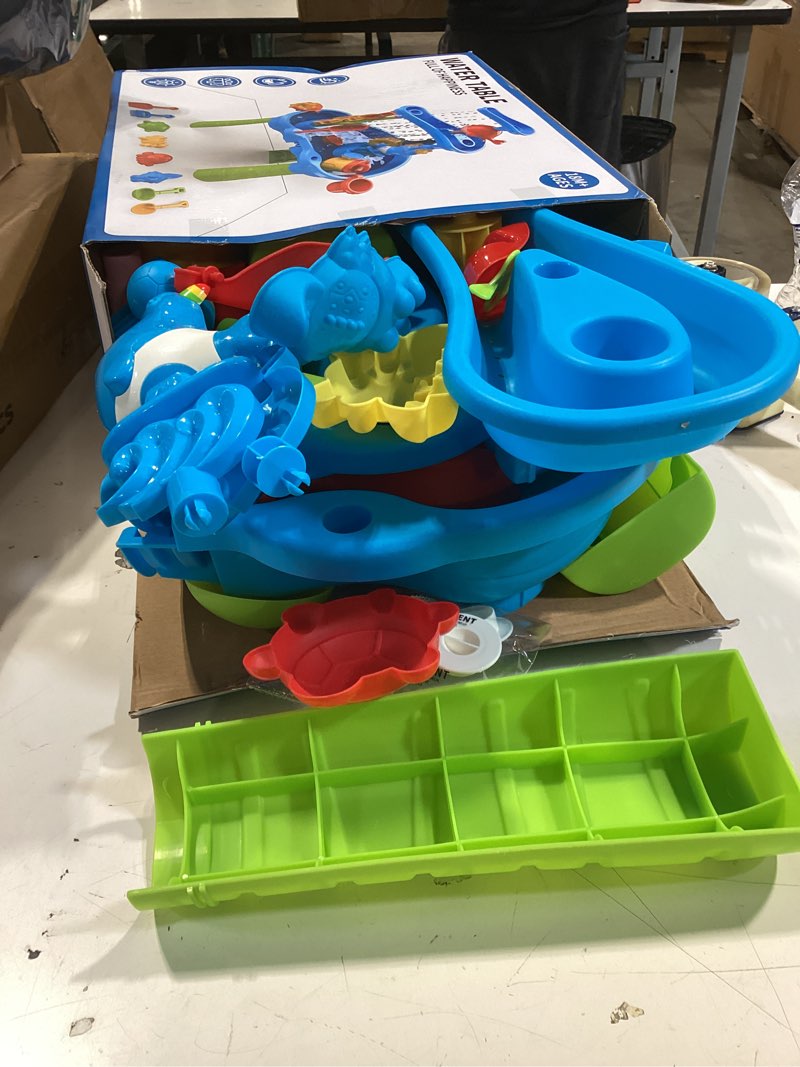 Condition photo showing Good Condition for 3-tier water table for kids ages 3-5 4-8, toddlers outdoor summer water table beach toys, kids activity sensory table toddler sand box play table with rain showers splash pond for boys girls blue-9390