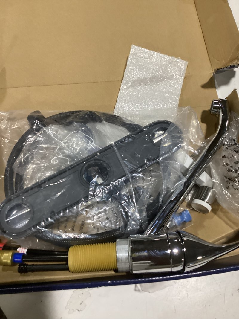 Condition photo showing New/Like New for project source wakebridge polished chrome single handle kitchen faucet (deck plate and side spray included)