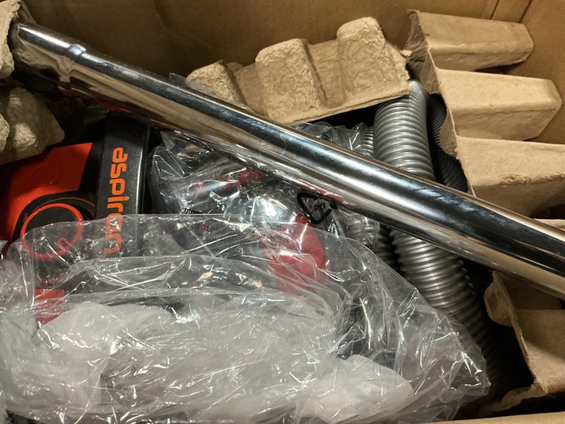 Condition photo showing As Is for aspiron canister vacuum, upgraded 1600w bagless canister vacuum cleaner, auto cord rewind, h13 hepa filter, 4qt large capacity, 5 tools for hard floors, carpet, pet, upholstery, tiles, tangerine