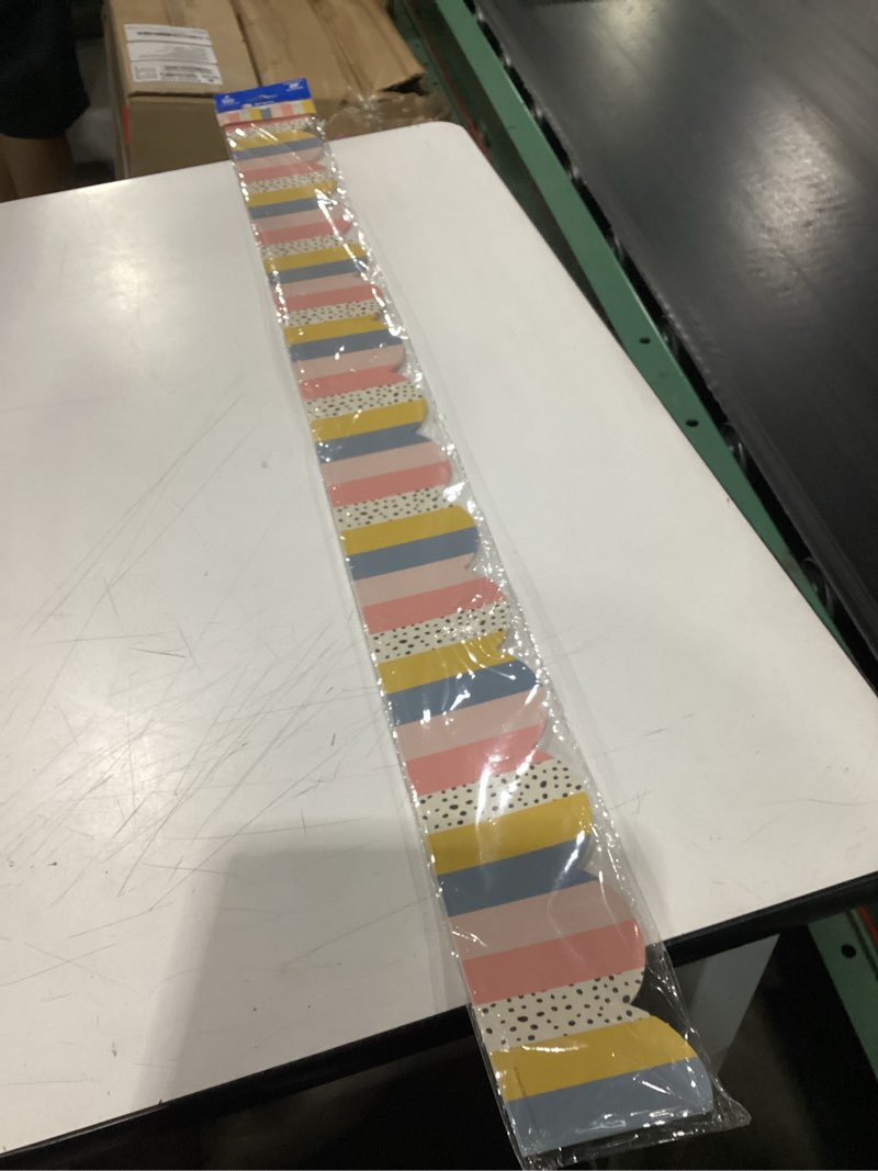 Condition photo showing New/Like New for carson dellosa we belong neutral stripes bulletin board borders, 39 feet of scalloped boho striped classroom borders for bulletin board, white board, cork board, and neutral classroom décor