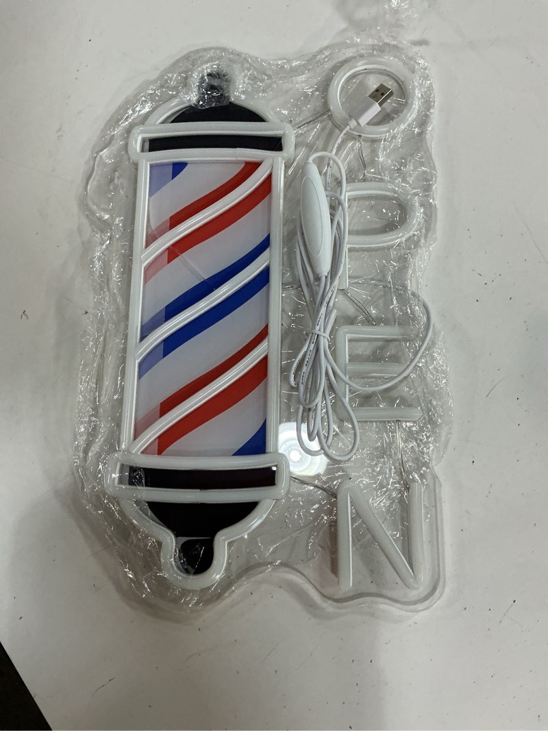 Condition photo showing Good Condition for open led neon sign barber pole light up for hair salon wall decoration | 14.57in*9.06in,classic red blue white,five level brightness adjustment,usb power,for barber shop, hair salon, beauty salon