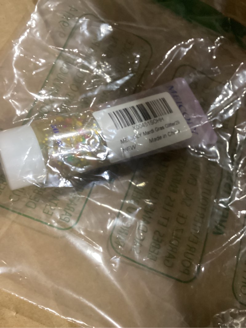 Condition photo showing Good Condition for MEICOLY Mardi Gras Face Glitter Gel, Holographic Face Glitter, Skin-Friendly Hair Accessories for Kids & Adults, Gold Green Purple Mixed Chunky Glitter for Mardi Gras Carnival,Festival Party