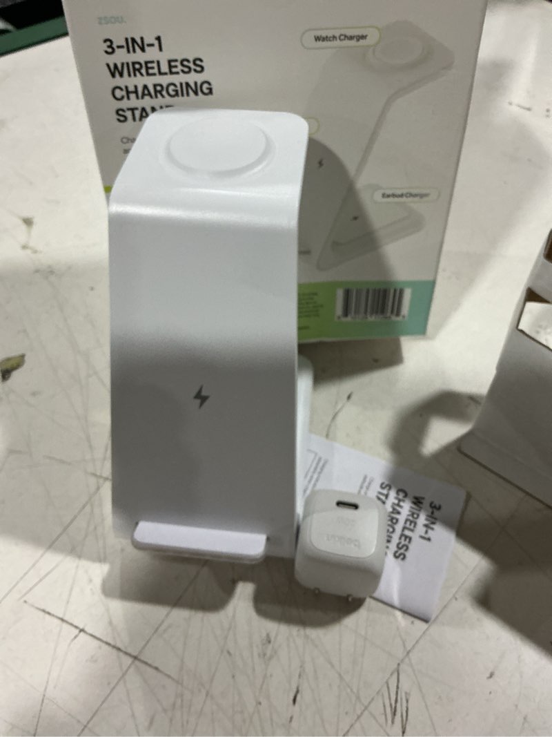 Condition photo showing As Is for zsou 3-in-1 wireless charging stand with phone, watch and earbuds charger included, white